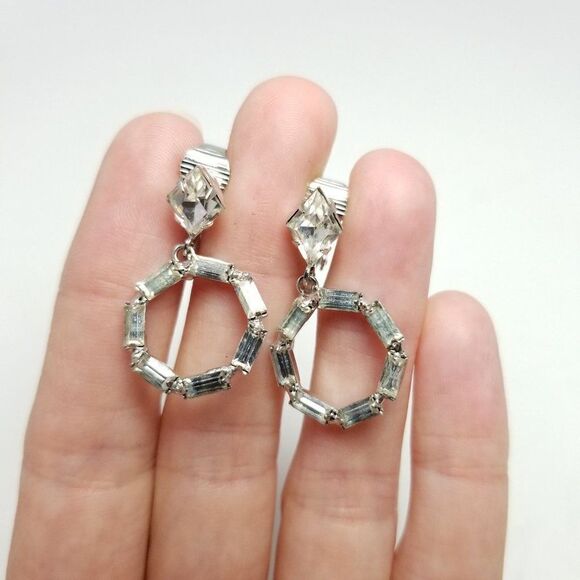Vintage Rhinestone Dangle Clip On Earrings, Hoop Drop Design, Silver Tone, Retro - Picture 2 of 5
